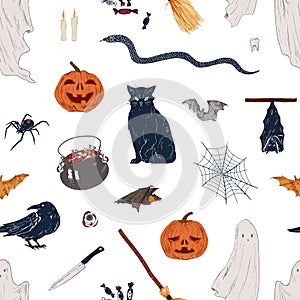 Hand drawn Halloween symbol seamless pattern. Colorful broom, ghost, pumpkin, cat, candy, knife, spider, crow, candle