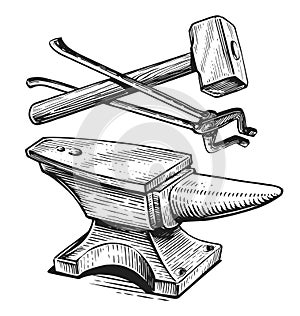 Hand drawn hammer, tongs and anvil. Blacksmith work, ironwork concept. Blacksmithing vintage sketch vector illustration photo