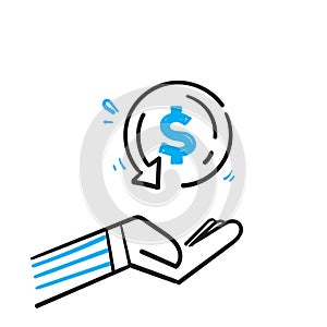 hand drawn hand and dollar sign symbol for cashback icon  return money  cash back rebate in doodle