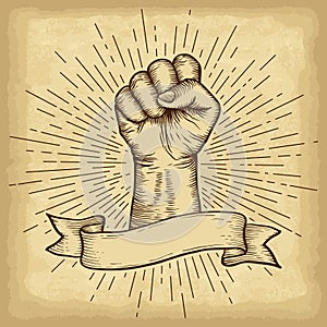 Hand drawn hand gesture. Fist on old craft paper texture background. Linear vintage style sun rays.