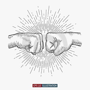 Hand drawn hand gesture. Fist to fist symbol. Linear vintage style sun rays background.