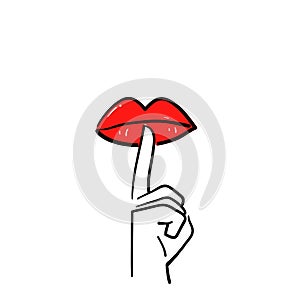 Hand drawn hand on lips symbol for do not disturb icon, please do quiet, pssst, silence line in doodle style