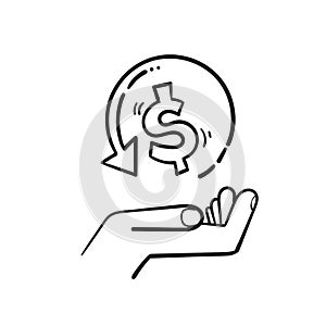 Hand drawn hand and money symbol for cashback icon, return money, cash back rebate, thin line web symbol on white background in