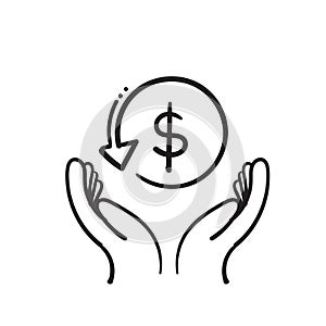 Hand drawn hand and money symbol for cashback icon, return money, cash back rebate, thin line web symbol on white background in