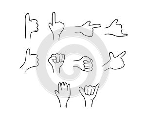 hand drawn hand poses and gesture doodle drawing illustration set. hand thumbs up, pointing, fist