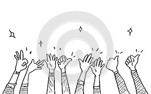 Hand drawn of hands clapping ovation. applause, thumbs up gesture on doodle style