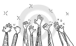 Hand drawn of hands clapping ovation. applause, thumbs up gesture on doodle style