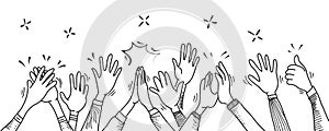 Hand drawn of hands clapping ovation. applause, thumbs up gesture on doodle style