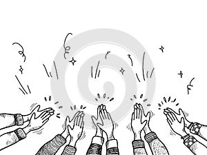 Hands clapping ovation. applause, thumbs up gesture on doodle style photo