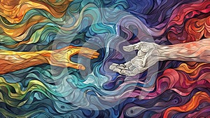 Hand-drawn hands reaching out against a swirl of colors