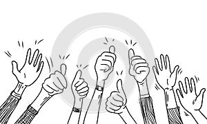 Hand drawn of hands up, clapping ovation, applause, thumbs up gesture on doodle style