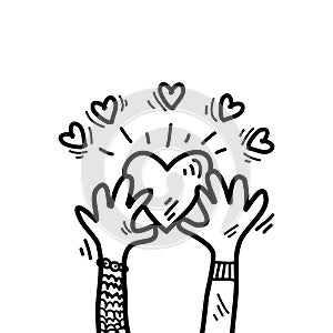 Hand drawn of hands up. Concept of charity and donation. Give and share your love to people