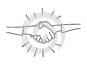 Hand drawn handshake. Shaking hands business on comic style. isolated on white background