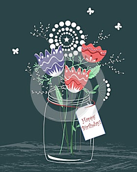 Hand-drawn happy birthday card with flowers bunch in a jar