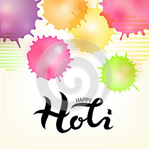 Hand drawn happy Holi lettering logotype, badge, icon. Party poster card, invitation. Celebration decorate. Banner colorful