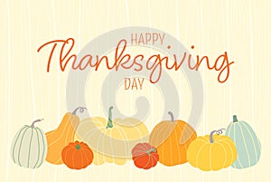 Hand drawn Happy Thanksgiving banner. Celebration text with different pumpkins for postcard, label, poster