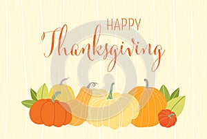 Hand drawn Happy Thanksgiving banner. Celebration text with leaves and pumpkins for postcard, label, poster