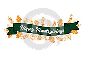Hand drawn Happy Thanksgiving quote with ribbon for postcard, flyer, poster, banner, logo, header. Celebration lettering