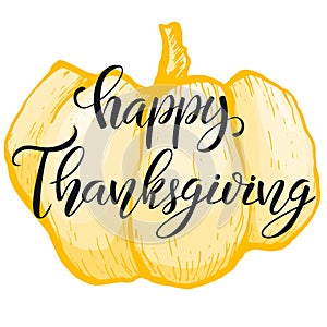 Hand drawn Happy Thanksgiving typography poster. Black and white