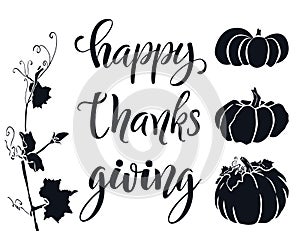 Hand drawn Happy Thanksgiving typography poster. Black and white