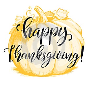 Hand drawn Happy Thanksgiving typography poster. Black and white