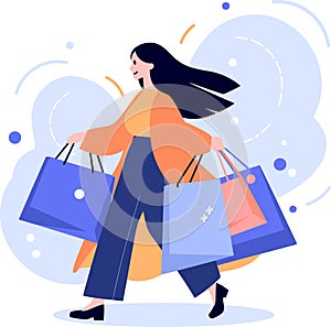 Hand Drawn happy Woman holding shopping bags and walking in shopping mall in flat style