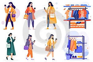 Hand Drawn happy Woman holding shopping bags and walking in shopping mall in flat style