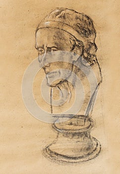 Hand drawn head, Illustration half face. Gypsum bust drawn in pencil. Profile portrait. Bust of Voltaire by Houdon.