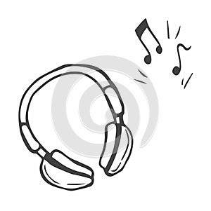 Hand drawn headphones and musical notes doodles electronic music vector concept. Sketch headphone music audio musical