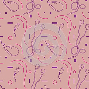 Hand drawn headphones, usb, mouse And lines. Vector seamless pattern.