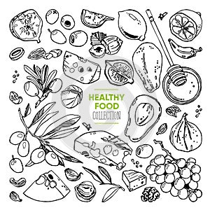 Hand drawn healthy food set. Italian and Mediterranean cuisine. Doodle vector.