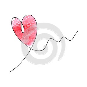 Hand drawn heart with black outline and watercolor red stain isolated on white background