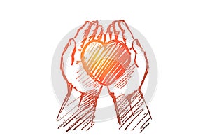 Hand drawn heart in human palms