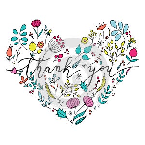Hand drawn heart illustration. Thank You lettering with wildflo photo