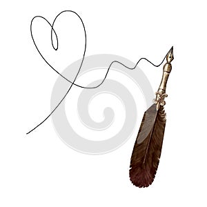 Hand drawn heart with old-fashioned fountain pen isolated on white background