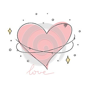 Hand drawn heart planet with rings decorated with stars