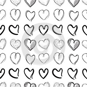 Hand Drawn Heart Seamless Pattern, Love Doodle Tile, Sketch Brush Hearts, Valentine Background