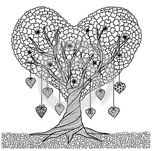 Hand drawn heart shape tree for coloring book for adult