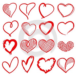 Hand drawn heart shapes, romance love doodle vector signs for holiday decor