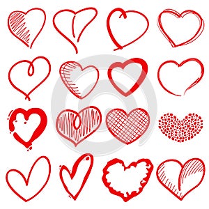 Hand drawn heart shapes, romance love doodle vector signs for holiday decor photo