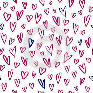 Hand-drawn heart shapes seamless pattern on white background