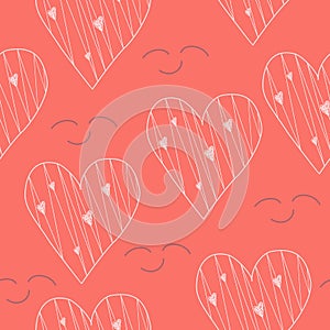 Hand drawn hearts, doodle style vector seamless pattern with pink background.