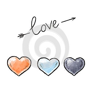 Hand drawn hearts and Love inscription. Design elements for Valentines day. Vector illustration.