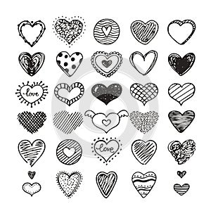 Hand drawn hearts, love symbols for festive flyer, poster, banner, invitation design templates. Isolated on background.