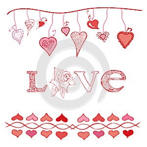 Hand drawn hearts, rose and letters. Design elements for Valentine`s day.