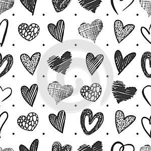 Hand drawn hearts seamless pattern. Heart doodle grunge, romantic textile print. Love ink elements background, vintage