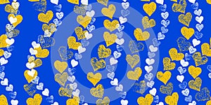 Hand drawn hearts seamless pattern in yellow and blue.