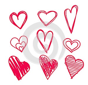 Hand drawn hearts set isolated. Design elements for Valentine`s day. Collection of doodle sketch hearts hand drawn with