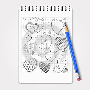 Hand drawn hearts set with realistic pencil and notebook