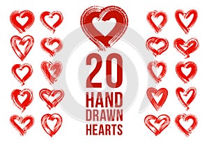 Hand drawn hearts vector logos or icons set, sketch doodle graphic design elements.